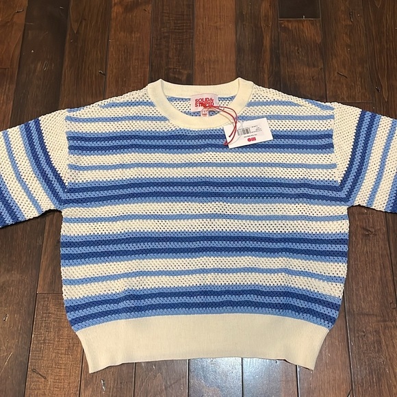 Solid & Striped The Tobi Sweater Marina Blue Stripe Open Weave Crewneck S NWT - Picture 4 of 12